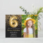 Foto Zwart Goud Kinder Meisje 6e Verjaardagsfeestj Kaart (Staand voorkant)