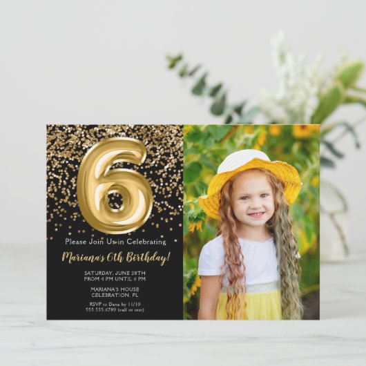 Foto Zwart Goud Kinder Meisje 6e Verjaardagsfeestj Kaart (Staand voorkant)