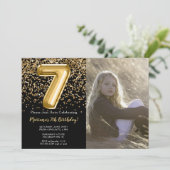 Foto Zwart Goud Kinder Meisje 7e Verjaardagsfeestj Kaart (Staand voorkant)