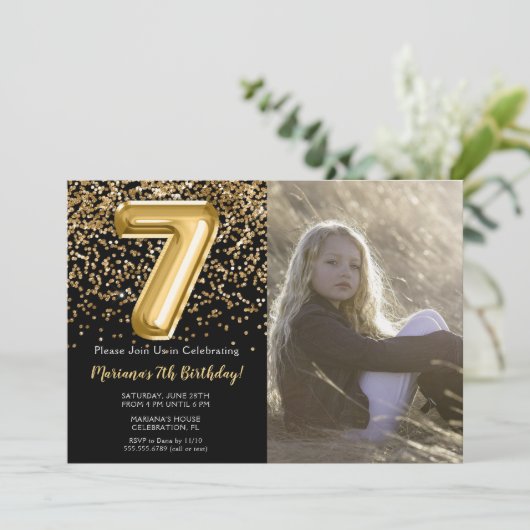 Foto Zwart Goud Kinder Meisje 7e Verjaardagsfeestj Kaart (Staand voorkant)