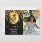 Foto Zwart Goud Kinder Meisje 9e Verjaardagsfeestj Kaart (Voorkant)