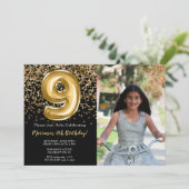 Foto Zwart Goud Kinder Meisje 9e Verjaardagsfeestj Kaart (Staand voorkant)