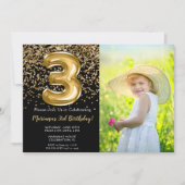 Foto Zwart Goud Meisje 3e Verjaardag uitnodiging (Voorkant)