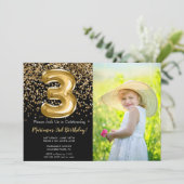 Foto Zwart Goud Meisje 3e Verjaardag uitnodiging (Staand voorkant)