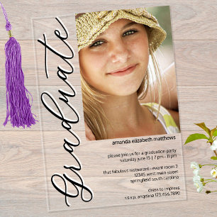 Foto Zwart N Wit Girly Script Afstudeerfeest Acryl Uitnodigingen
