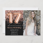Foto Zwart Roos Goud Glitter 17e Verjaardag Kaart (Voorkant)