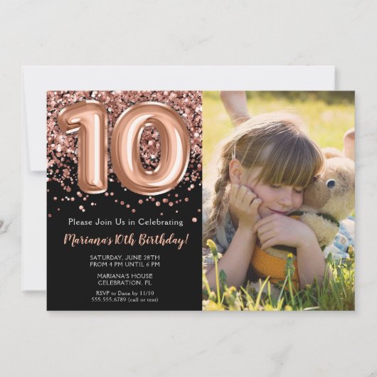 Foto Zwart Roos Gouden Glitter 10e Verjaardagsfees Kaart (Voorkant)