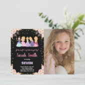 Foto Zwart Roze Bloemen Glitter Prinses Kaart (Staand voorkant)