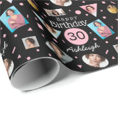 Foto Zwart Roze Confetti Naam 30e Verjaardag Cadeaupapier (Rol Hoek)