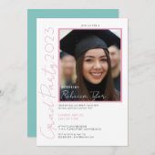 Foto, zwart & roze tekst grad verjaardagsuitnodigi kaart (Voorkant / Achterkant)