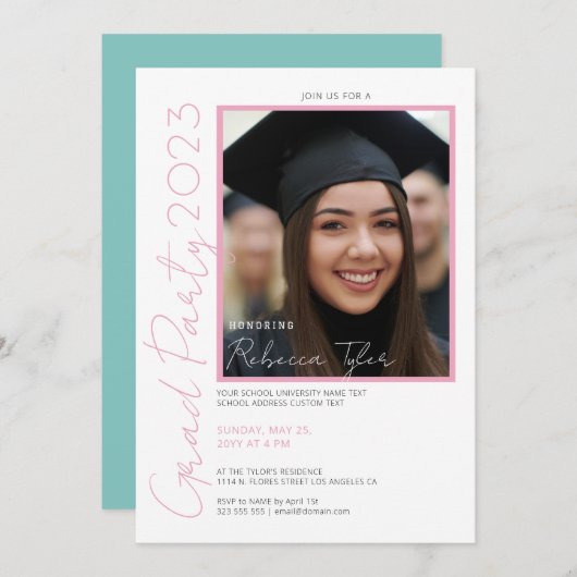 Foto, zwart & roze tekst grad verjaardagsuitnodigi kaart (Voorkant / Achterkant)