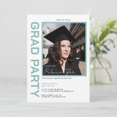 Foto, zwart & turkoois tekst gradatie feest uitnod kaart (Staand voorkant)