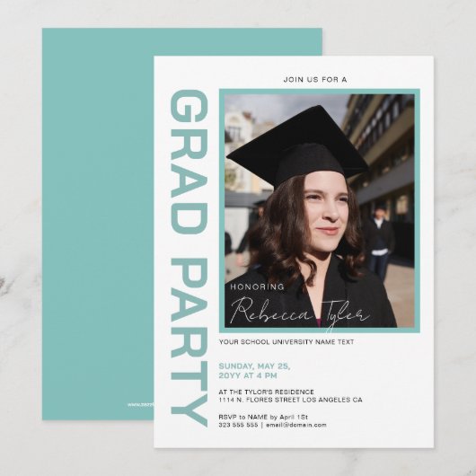Foto, zwart & turkoois tekst gradatie feest uitnod kaart (Voorkant / Achterkant)