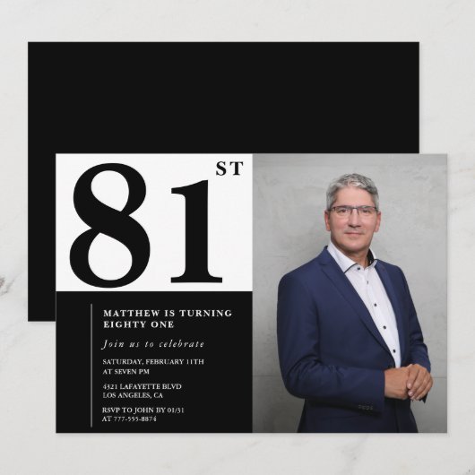 Foto zwart-wit 81e verjaardag uitnodiging (Voorkant / Achterkant)