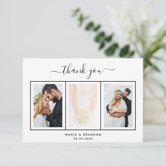 Foto zwart wit script bruiloft bedankkaart (Staand voorkant)