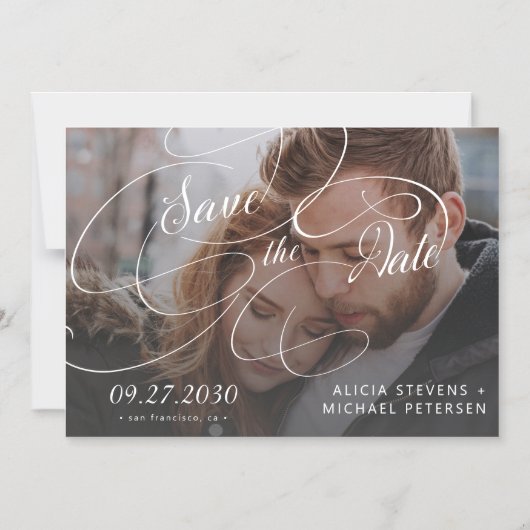 Foto zwart-wit script bruiloft opslaan van de datu magnetische uitnodiging (Voorkant)