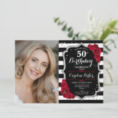 Foto Zwart Wit Strepen Rood Zilver 50ste Verjaarda Kaart (Staand voorkant)