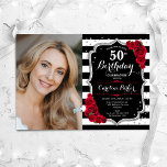 Foto Zwart Wit Strepen Rood Zilver 50ste Verjaarda Kaart<br><div class="desc">Elegante bloemenvrouwelijke 50e verjaardagsuitnodiging met uw foto. Glam zwart wit rood design met faux glitter zilver. Beschikt over zwart-witte strepen, rode rozen, script lettertype en confetti. Perfect voor een stijlvol volwassen feestje. Personaliseer met je eigen gegevens. Kan voor om het even welke leeftijd worden aangepast! Gedrukte Zazzle-uitnodigingen of direct download...</div>