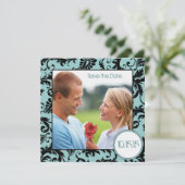 Foto Zwarte Damast op Aqua Huwelijk Opslaan de Dat Kaart (Staand voorkant)