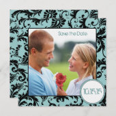 Foto Zwarte Damast op Aqua Trouw Save the Date Kaart (Voorkant / Achterkant)