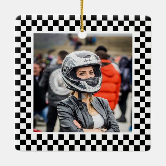 Foto: zwarte en witte cheques keramisch ornament (Achterkant)