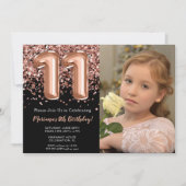 Foto Zwarte Roos Gouden Glitters 11e Verjaardag Kaart (Voorkant)