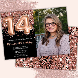 Foto Zwarte Roos Gouden Glitters 14e Verjaardagsfe Kaart