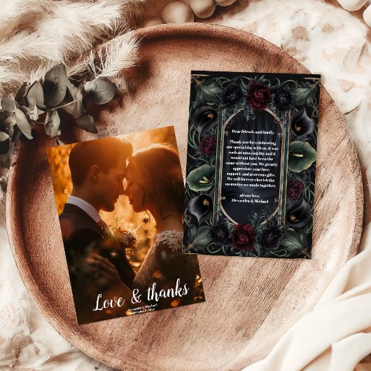 Foto Zwarte Rozen Floral Gothic Halloween bruiloft Bedankkaart
