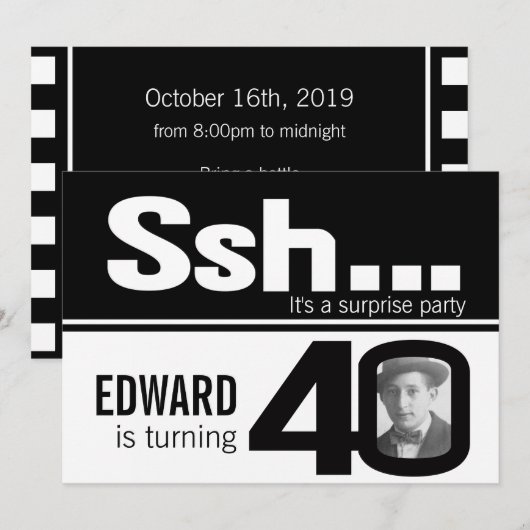 Foto: zwarte witte 40e verjaardag mannen uitnodigi kaart (Voorkant / Achterkant)