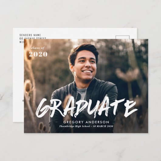 Fotoaankondiging afstuderen penseelscript briefkaart (Voorkant / Achterkant)