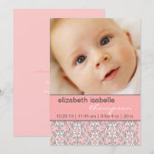 Fotoaankondiging baroko in roze babymeisje aankondiging (Voorkant / Achterkant)