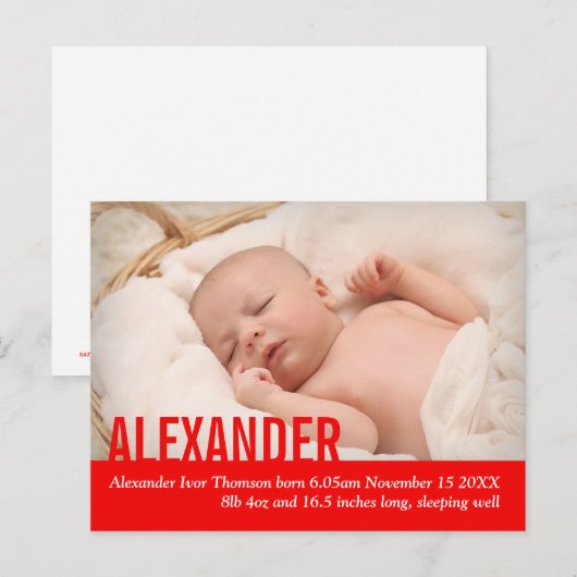 Fotoaankondiging briefkaart moderne rode baby (Voorkant / Achterkant)