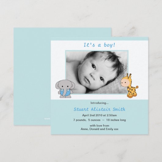 Fotoaankondiging Cute Animal Blue Baby Aankondiging (Voorkant / Achterkant)