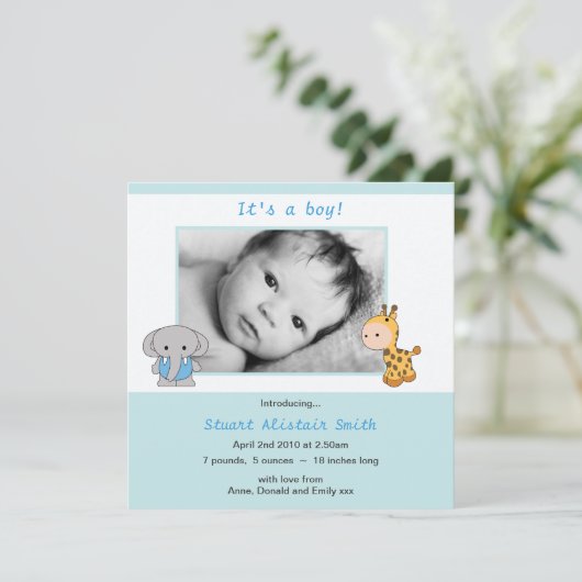 Fotoaankondiging Cute Animal Blue Baby Aankondiging (Staand voorkant)