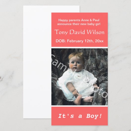 Fotoaankondiging van de baby. Voeg je foto toe Aankondiging (Voorkant / Achterkant)