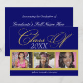 Fotoaankondiging Zwirly Blue/Gold 3 Afstuderen Kaart (Voorkant / Achterkant)