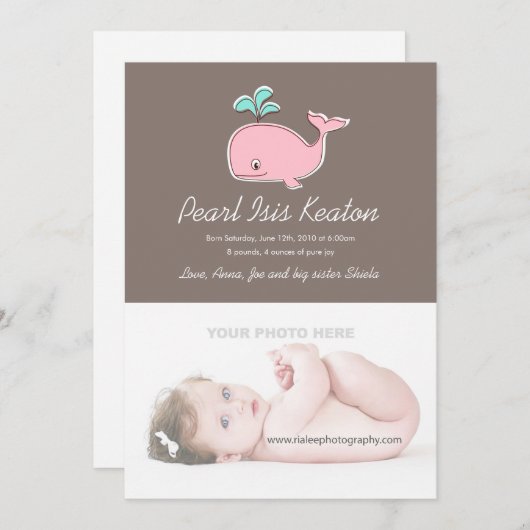 Fotoaankondigingen roze walvis aankondiging (Voorkant / Achterkant)