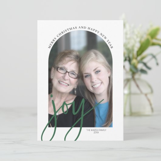 FotoArch met Huge Joy Script - botanische achterzi Feestdagenkaart (Staand voorkant)