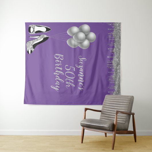 Fotobackdrop 50ste verjaardagsfeest Zilver Glitter Wandkleed (In Situ (horizontaal))