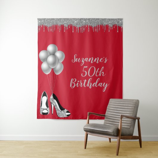 Fotobackdrop 50ste verjaardagsfeest Zilver Glitter Wandkleed (In situ)