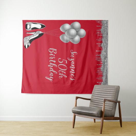 Fotobackdrop 50ste verjaardagsfeest Zilver Glitter Wandkleed (In Situ (horizontaal))