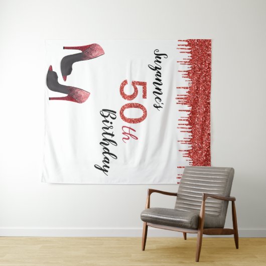 Fotobackdrop 50ste verpartij rood glitters wandkleed (In Situ (horizontaal))