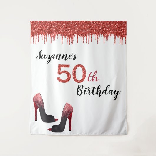 Fotobackdrop 50ste verpartij rood glitters wandkleed (Voorkant)
