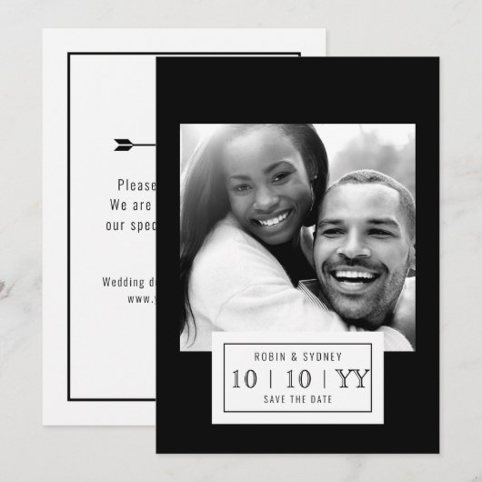 Fotobadge | De datum opslaan | Plat | Zwart Save The Date (Voorkant / Achterkant)