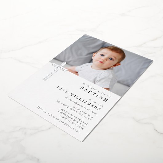 Fotobaptisme-uitnodiging voor moderne zilveren fol folie uitnodiging (Gedraaid)
