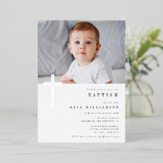 Fotobaptisme-uitnodiging voor moderne zilveren fol folie uitnodiging (Staand Voorkant)