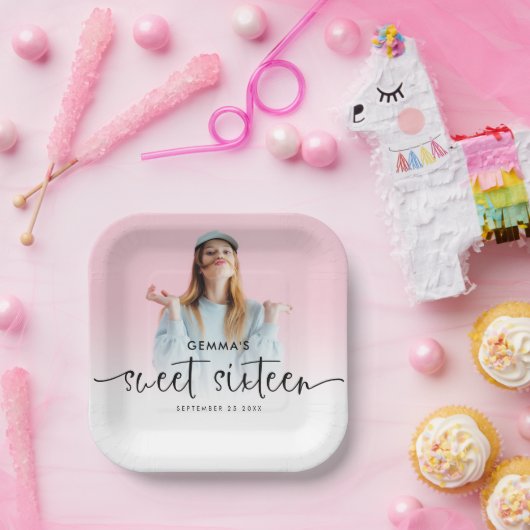 Fotobedekking Naam Datum Manuscript Sweet Sixteen Papieren Bordje (Feest)