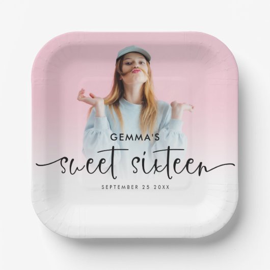 Fotobedekking Naam Datum Manuscript Sweet Sixteen Papieren Bordje (Voorkant)