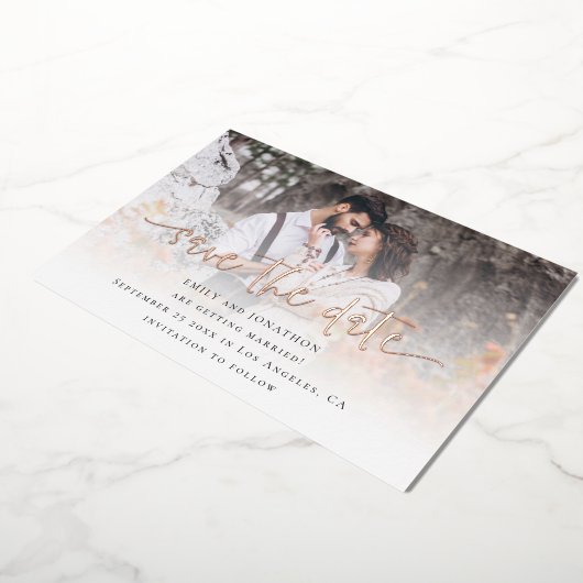 Fotobedekking QR-code Opslaan Datum Roos goud Folie Uitnodiging (Gedraaid)