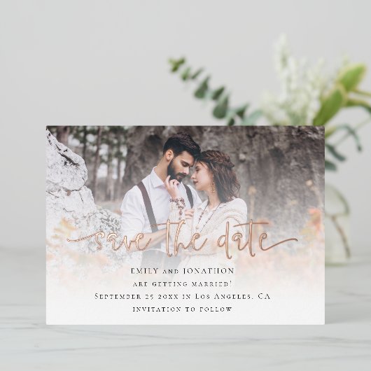 Fotobedekking QR-code Opslaan Datum Roos goud Folie Uitnodiging (Staand Voorkant)